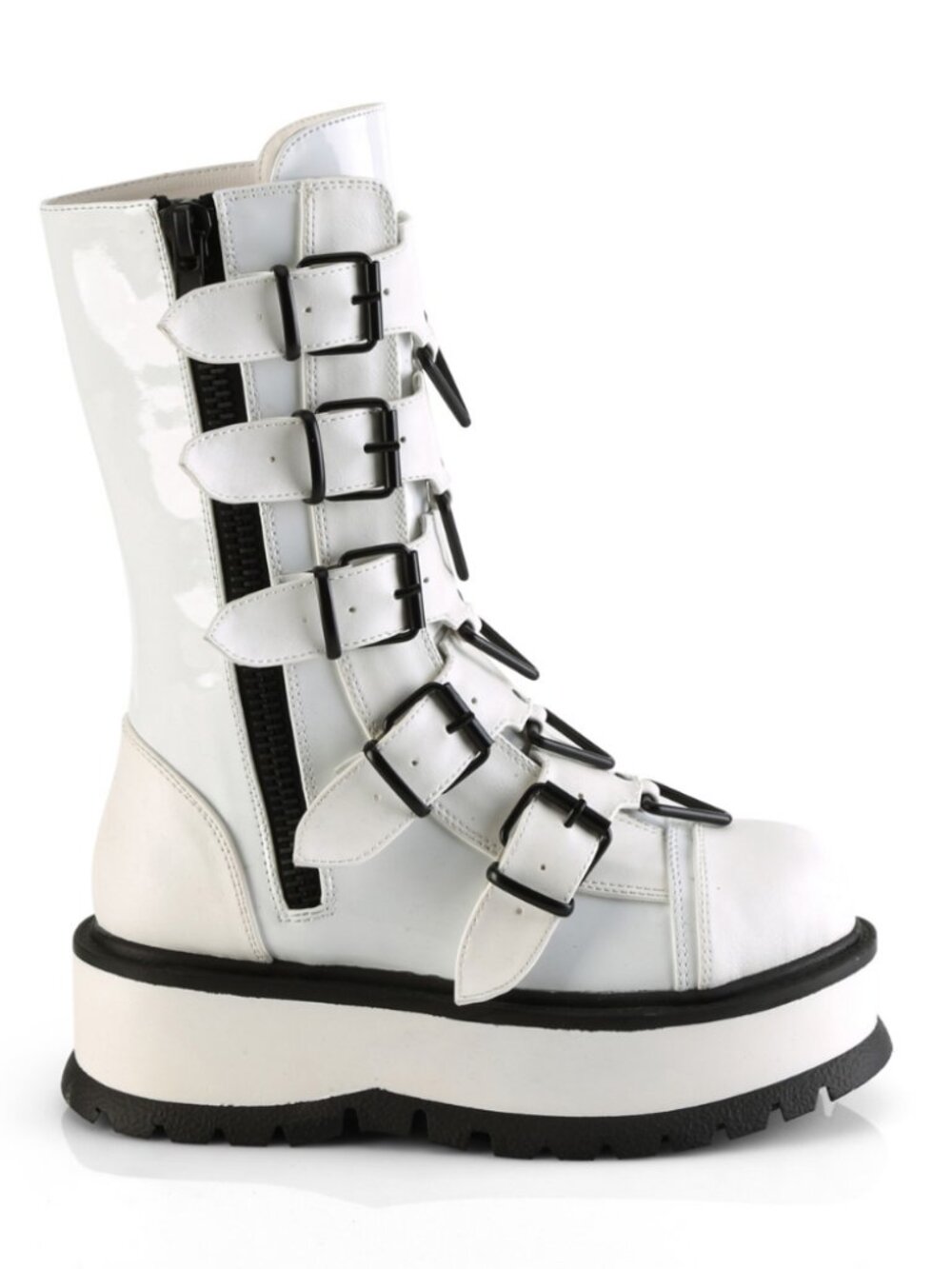 Wht Pat Mid-Calf Boots with 5 Buckle Straps, Triangle Ring Hardware